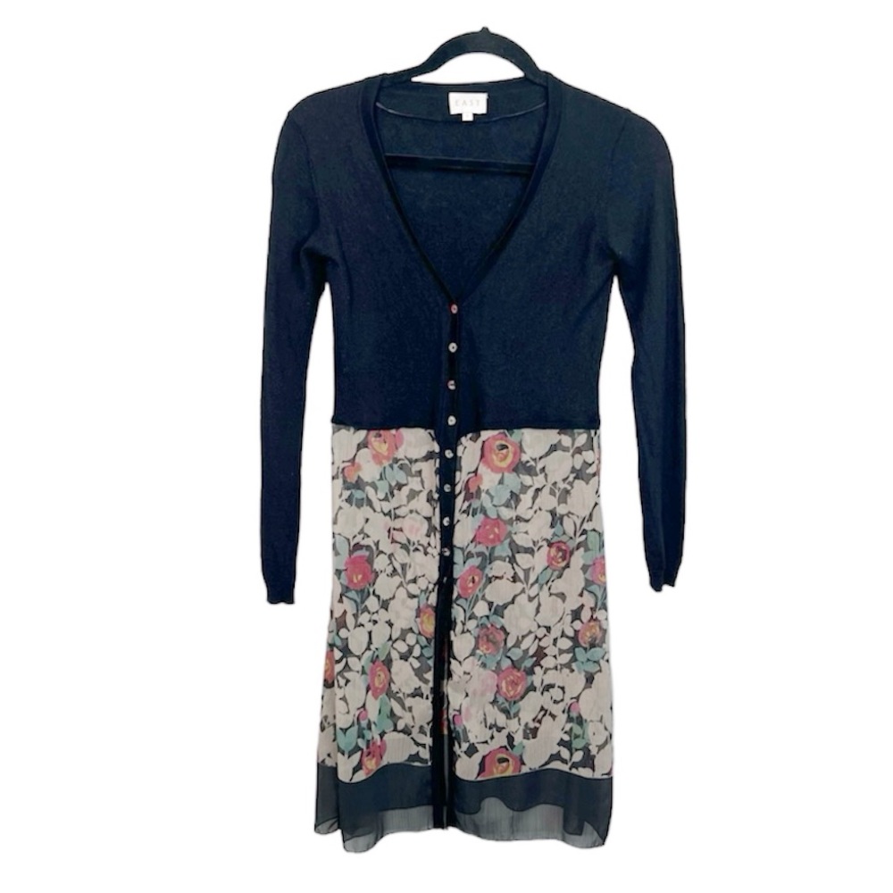 EAST Black Wool Blend with sheer Floral Long Statement Cardigan size Small